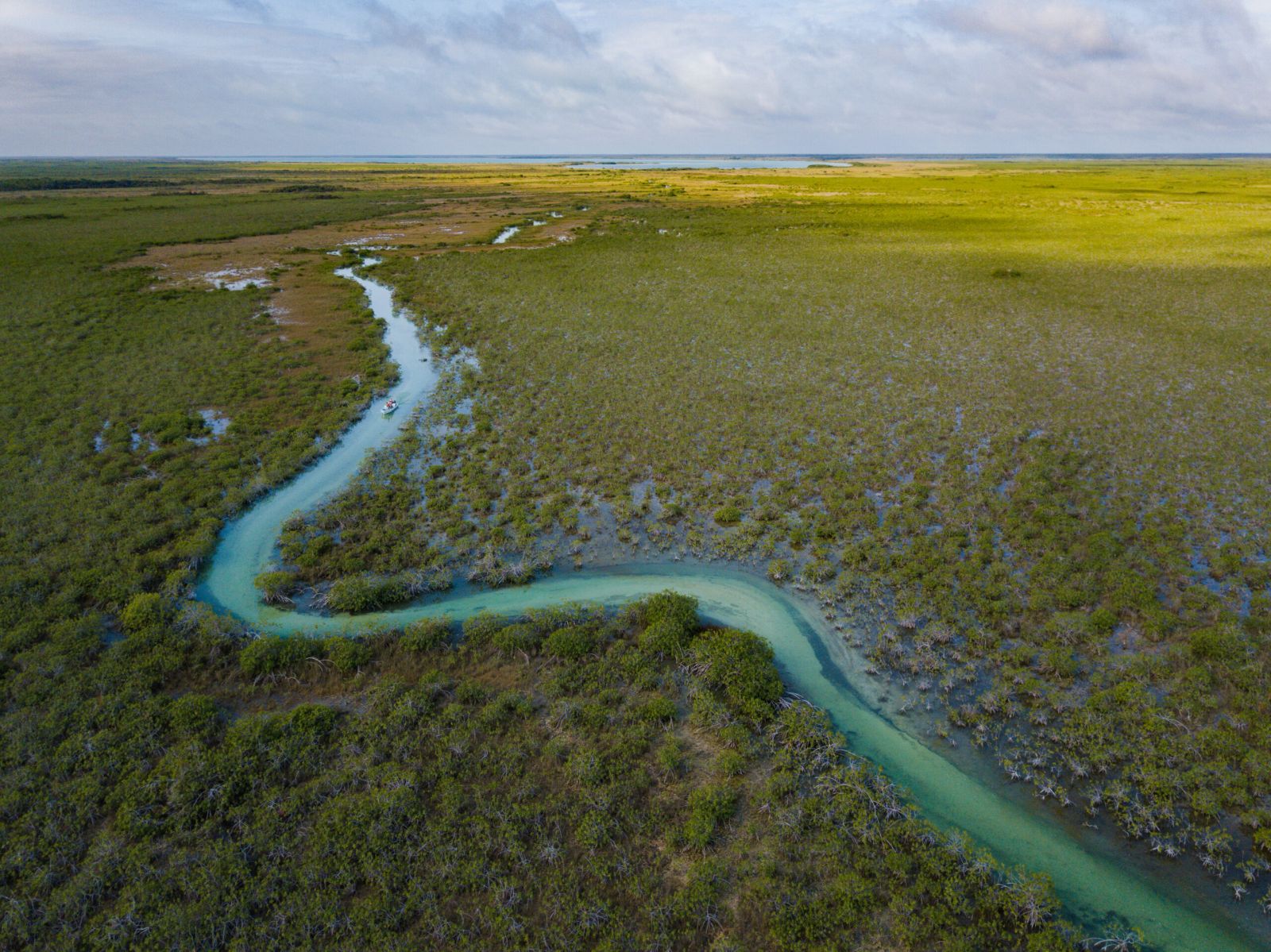 Aerial view of the turquoise ancient Maya canal winding through the wetlands of Sian Ka an
