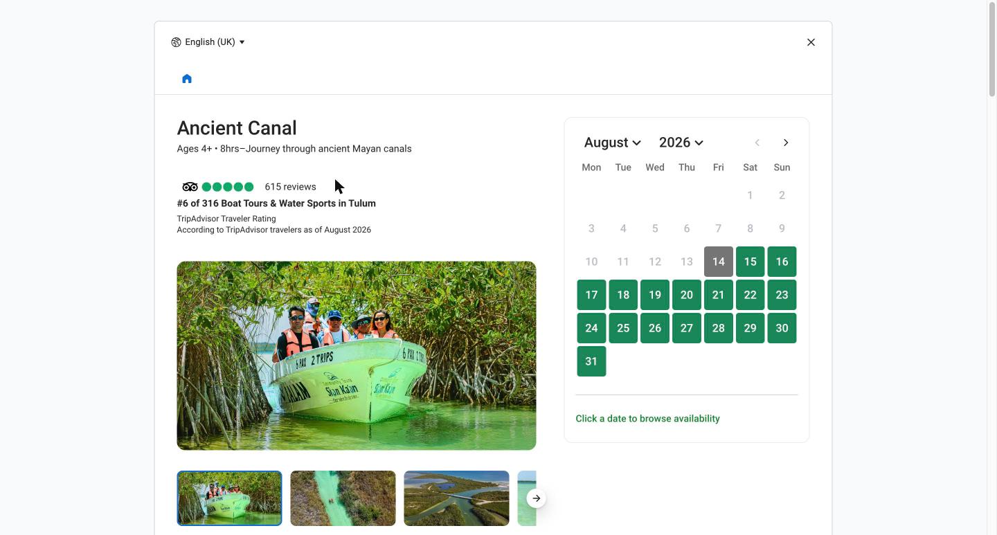 Availability calendar for the Ancient Canal tour with green available dates