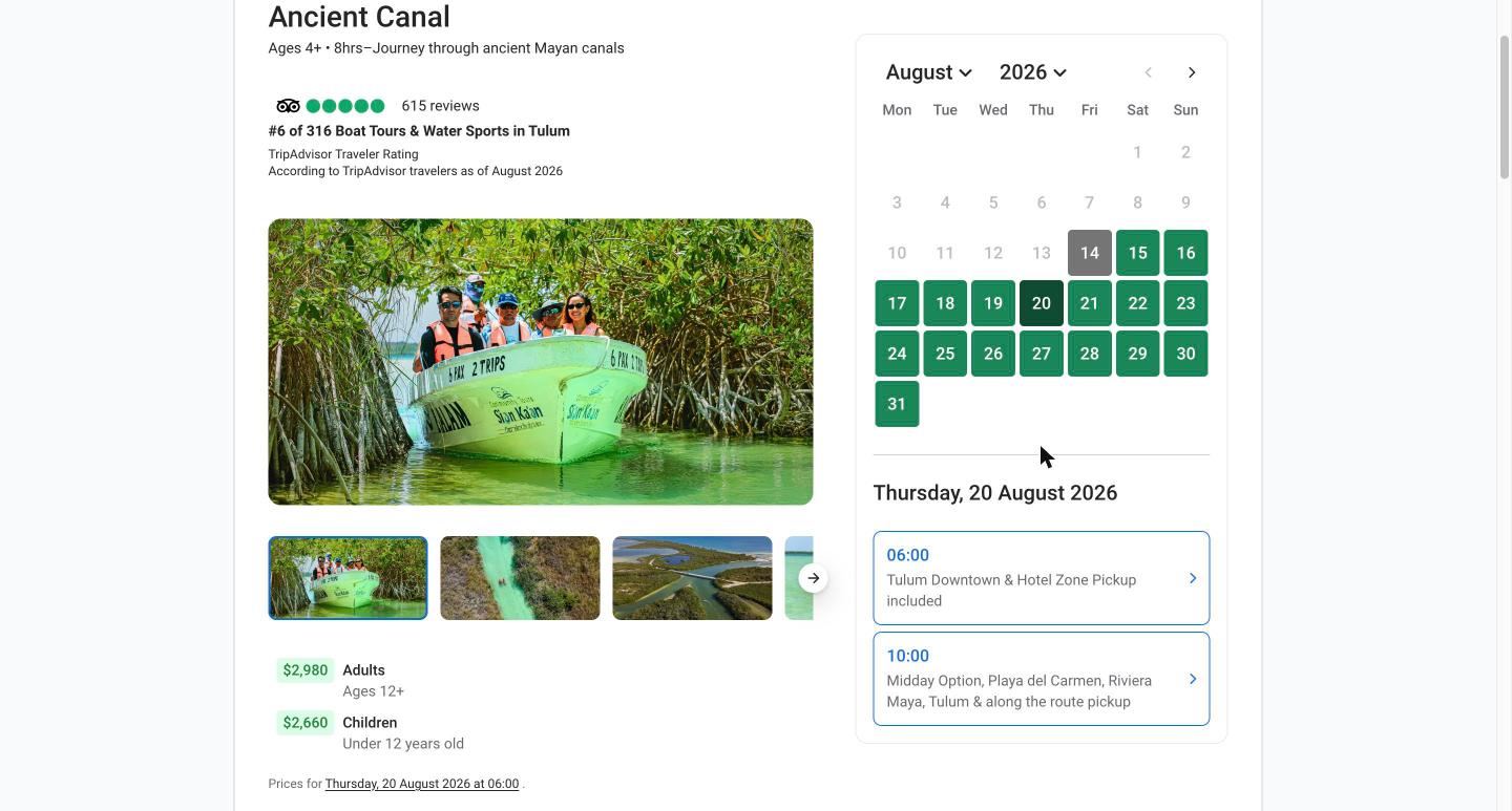 Departure options for the Ancient Canal tour: 6:00 a.m. with Tulum pickup included and 10:00 a.m. Midday Option with Riviera Maya pickup