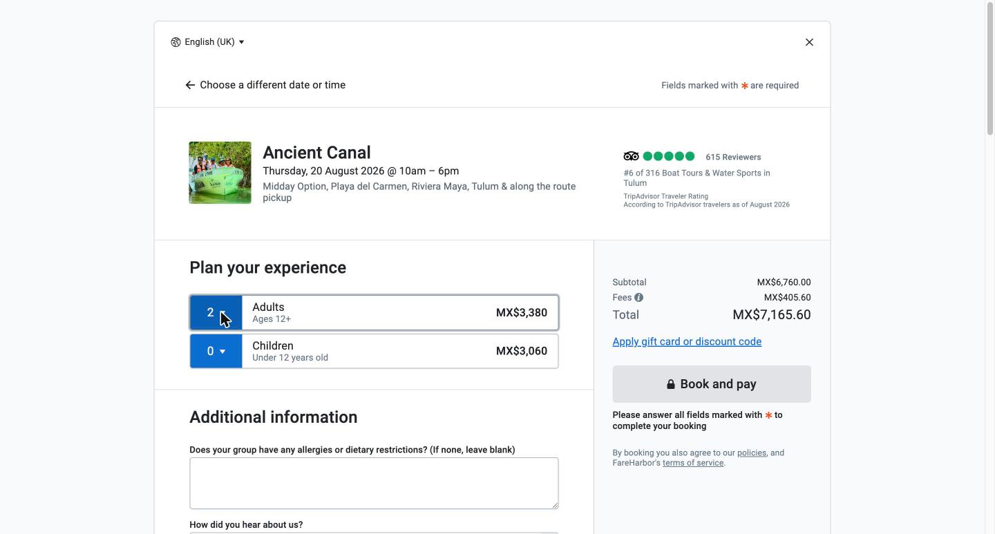 Selecting adults and children with live subtotal, fees and total shown in the booking sidebar