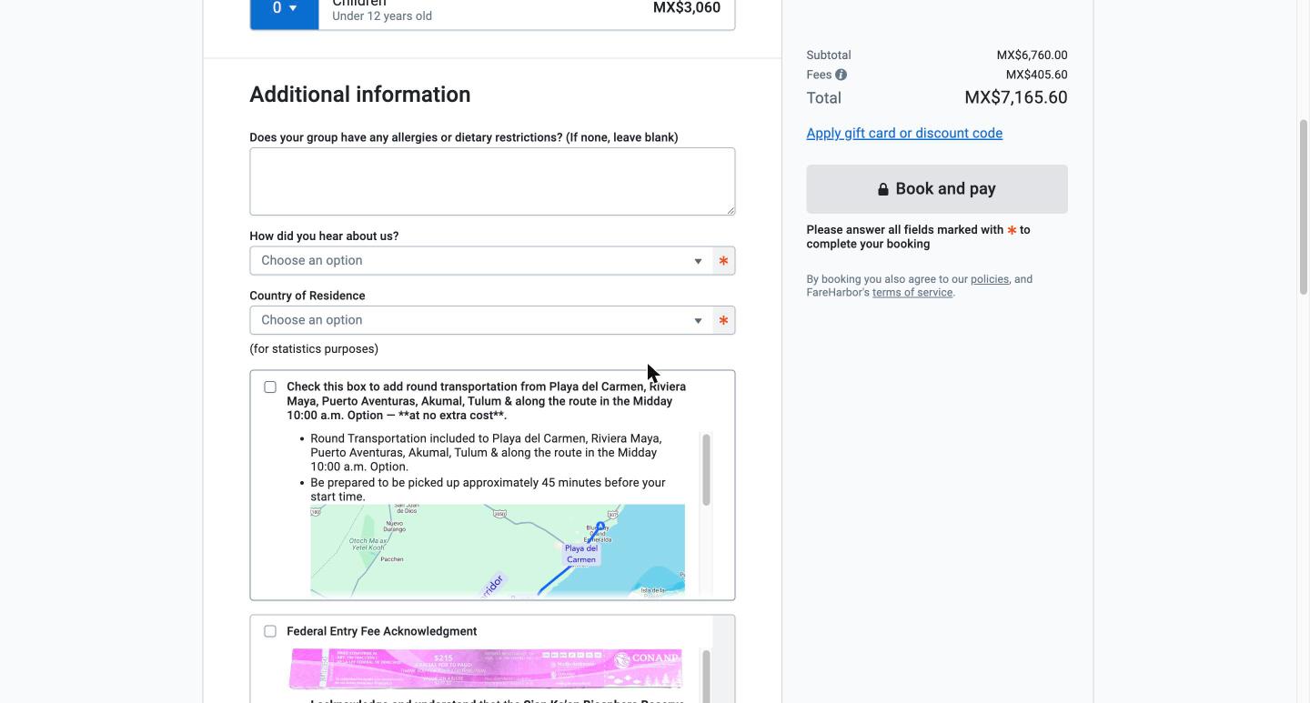 Checkbox to add round transportation from Playa del Carmen and the Riviera Maya at no extra cost in the Midday Option with pickup map