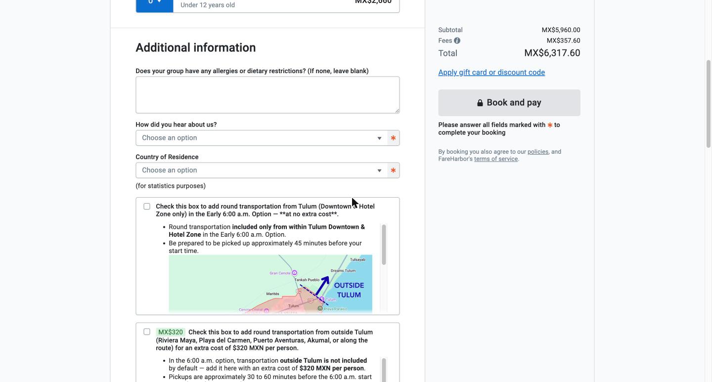 Checkbox to add round transportation from outside Tulum for an extra cost of 320 MXN per person on 6 am departures