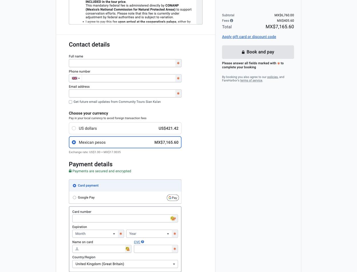 Contact details form with currency selection in USD or MXN and secure card payment fields