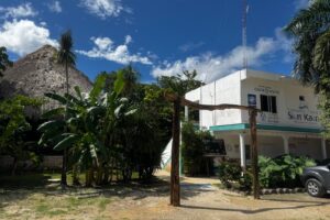 Traditional Maya palapa and office of Community Tours Sian Ka´an surrounded by palms in Muyil