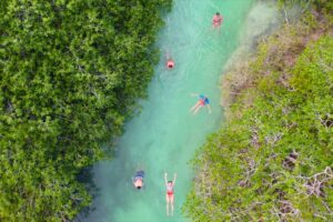 Aerial view of visitors floating single file down the turquoise ancient canal between wetlands in Sian Ka´an