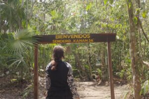 Welcome sign of the Kanan Ka´ax trail at the start of the bird watching route in Sian Ka´an
