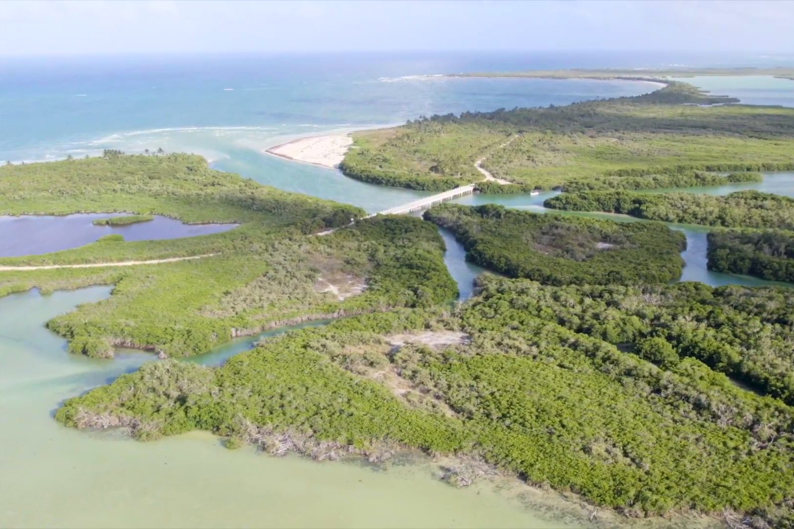 Aerial view of the canal system meeting the white sand beach and boca of Sian Ka an