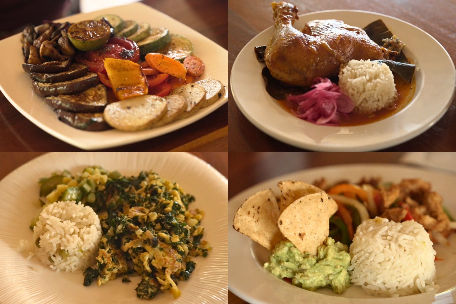 Traditional Mayan dishes cooked by cooperative families: chicken, rice, greens, guacamole and handmade tortillas