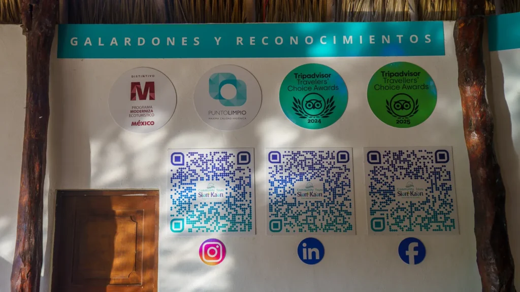Recognitions wall at the palapa with quality seals and QR codes